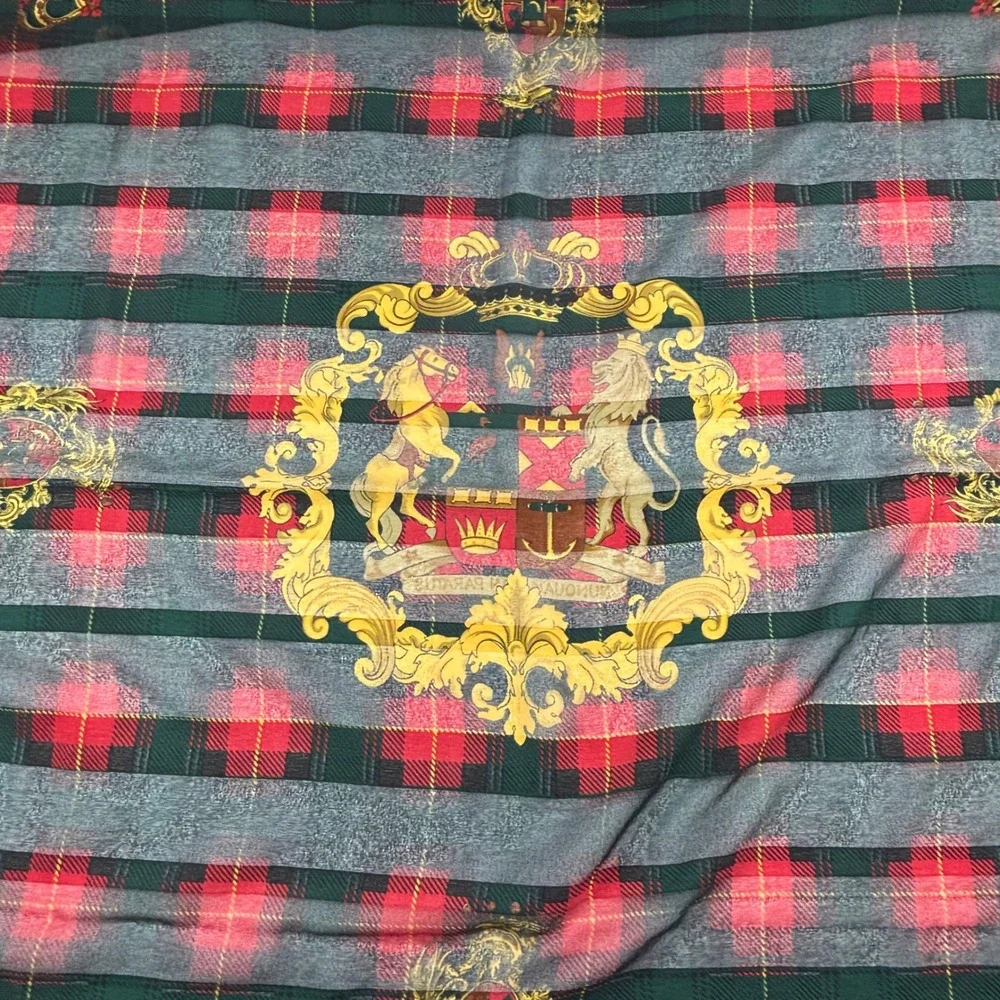 Vtg Heraldic Crest Plaid Scarf Women OS Green Red Square Silk-y Royalcore Preppy
